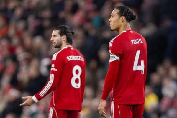 LIVERPOOL ENGLAND - Saturday November 22 2025 Liverpool039s captain Virgil van Dijk reacts to conceding the third goal during the FA Premier League match between Liverpool FC and Nottingham Forest FC at Anfield Photo by David RawcliffePropaganda