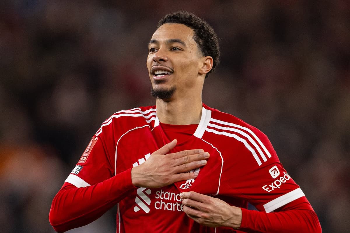 LIVERPOOL ENGLAND - Monday January 12 2026 Liverpool039s goalscorer Hugo Ekitike celebrates after the FA Cup 3rd Round match between Liverpool FC and Barnsley FC at Anfield Liverpool won 4-1 Photo by David RawcliffePropaganda